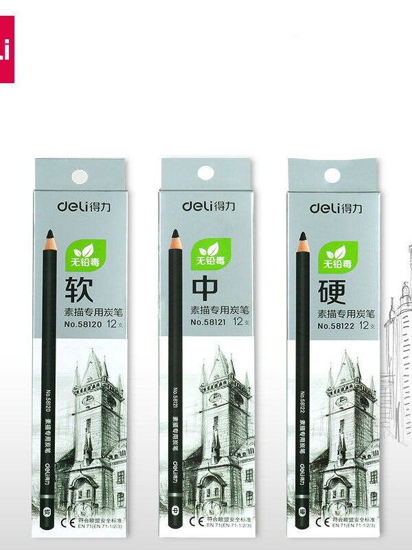 ديلي قلم فحم خشب دائري للرسم - متوسط الليونة - بدن أسود مع طبة E58121